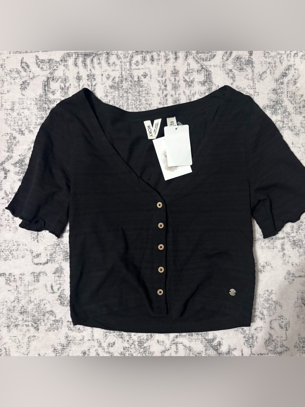 Roxy Black Short Sleeve Button-Front Top sz Small